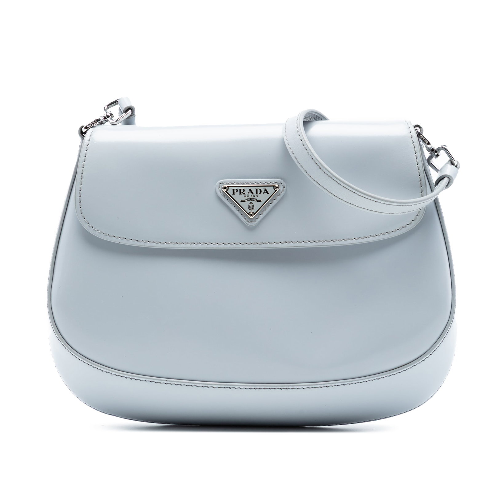 Prada Cleo Gray Leather Flap Shoulder Bag: Prada Cleo Gray Leather Flap Shoulder Bag This Prada Mini Brushed Leather Cleo Flap is a gray shoulder bag crafted in Italy from leather. It features a flat leather strap, a front flap with a magnetic