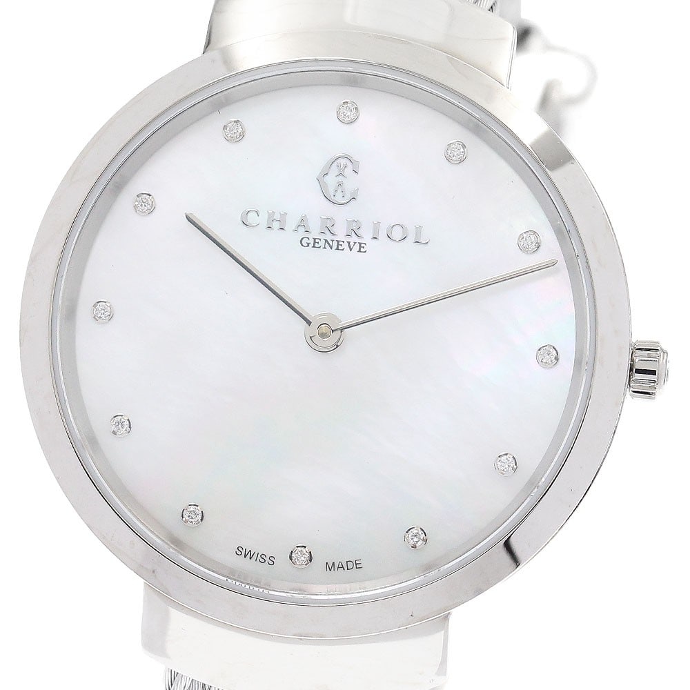 CHARRIOL Slim quartz diamond ladies wristwatch ST34S.560.013: CHARRIOL Slim quartz diamond ladies wristwatch ST34S.560.013 This pre-owned CHARRIOL Slim women's wristwatch, model ST34S.560.013, features a stainless steel case and bracelet with a white shell dial 