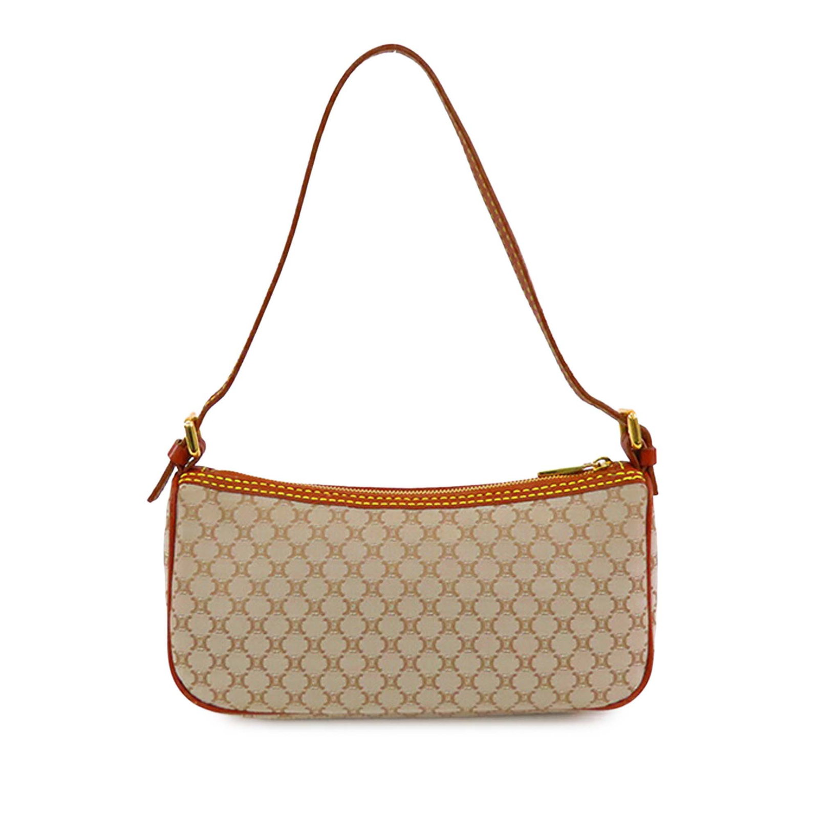 Celine Macadam beige canvas shoulder bag with leather trim: Celine Macadam beige canvas shoulder bag with leather trim This Celine Macadam Canvas Shoulder Bag features a beige canvas body with leather trim, a flat leather shoulder strap, a top zip closure, and