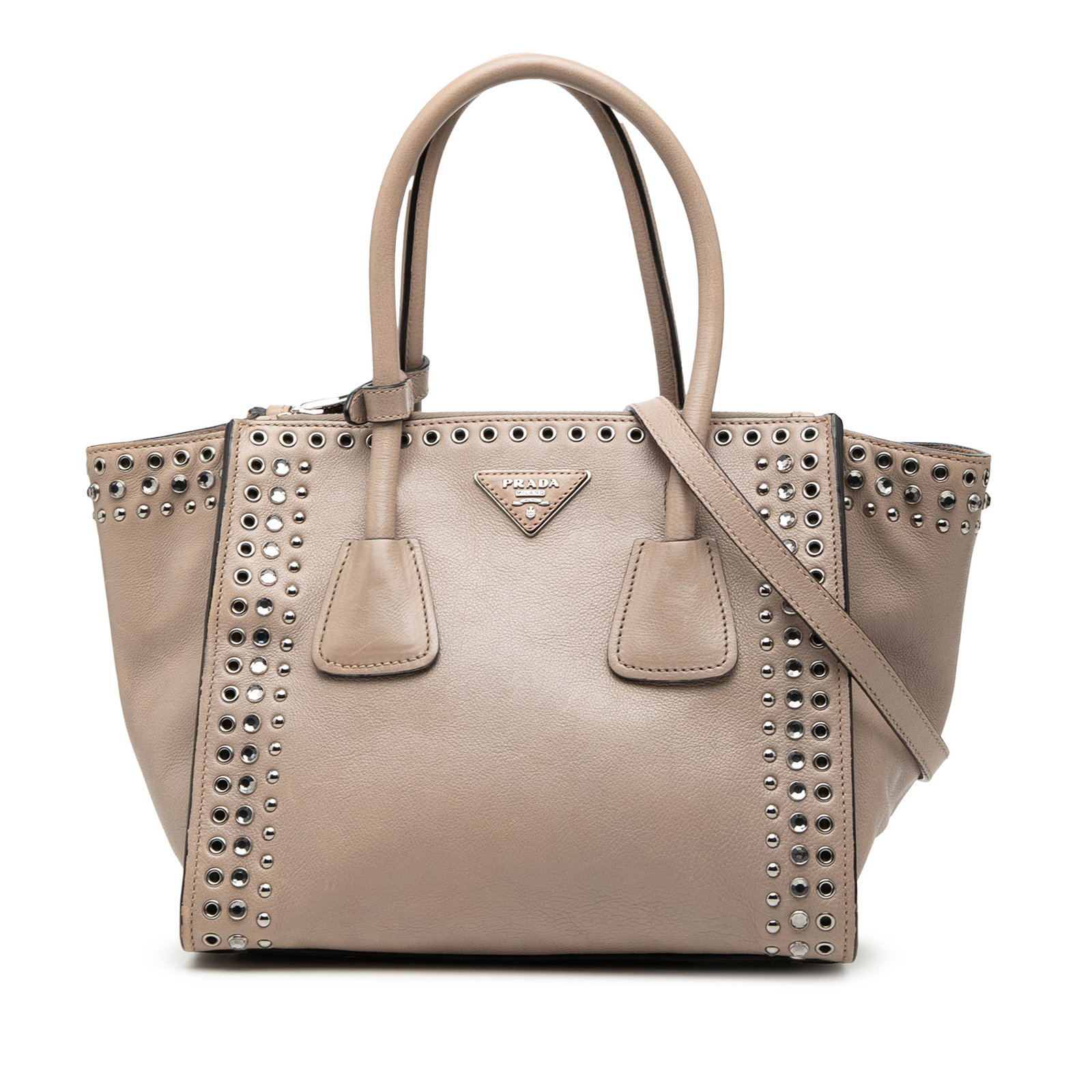 Prada Studded Glace Calf Leather Twin Pocket Beige Satchel with Strap: Prada Studded Glace Calf Leather Twin Pocket Beige Satchel with Strap This Prada Glace Calf Studded Twin Pocket Satchel features a studded calf leather exterior in beige, rolled leather handles, and a