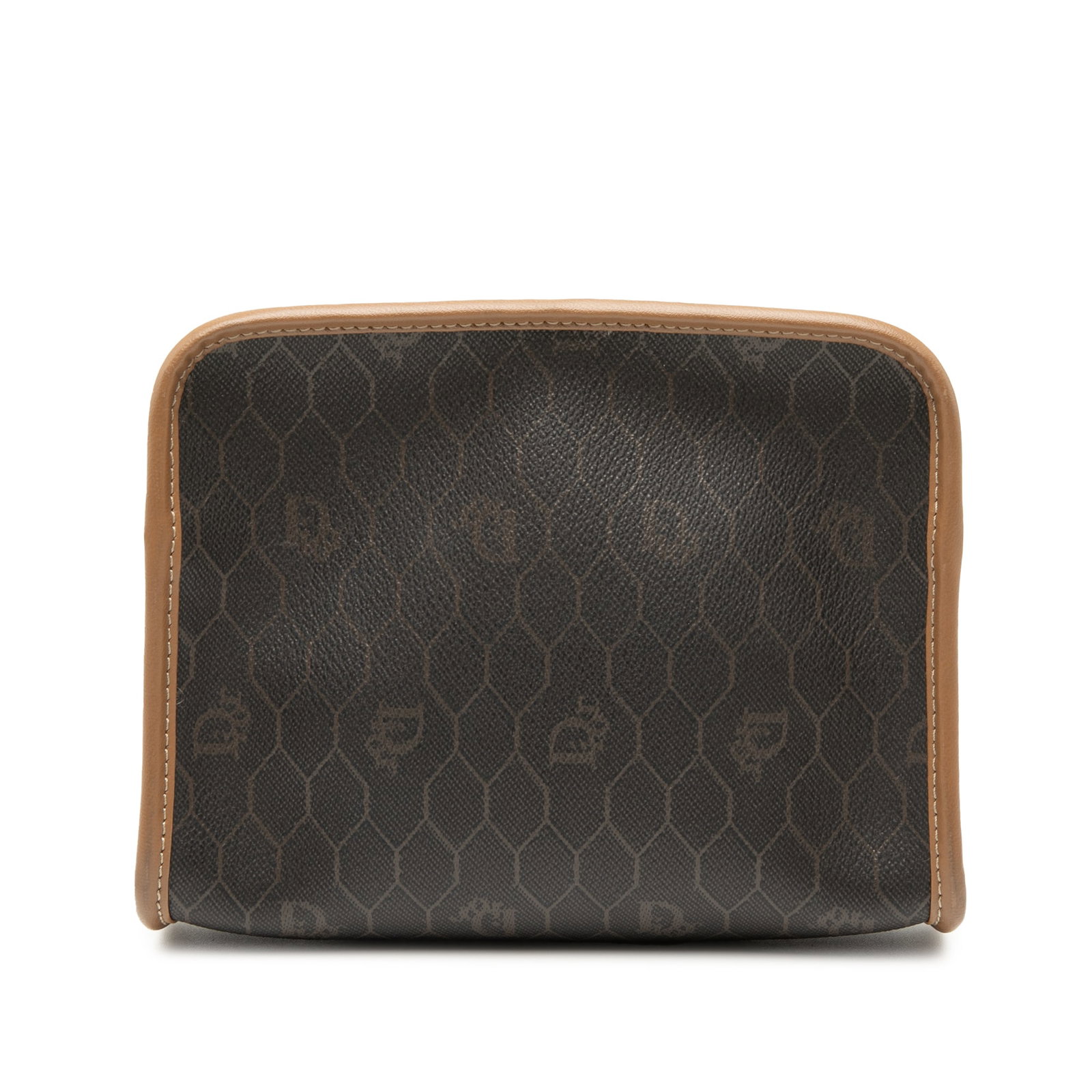 Black Dior Honeycomb Pattern Coated Canvas Zip Pouch with Leather Trim: Black Dior Honeycomb Pattern Coated Canvas Zip Pouch with Leather Trim This Dior Honeycomb Coated Canvas Pouch features a black coated canvas body with leather trim and a top zip closure. The pouch sh