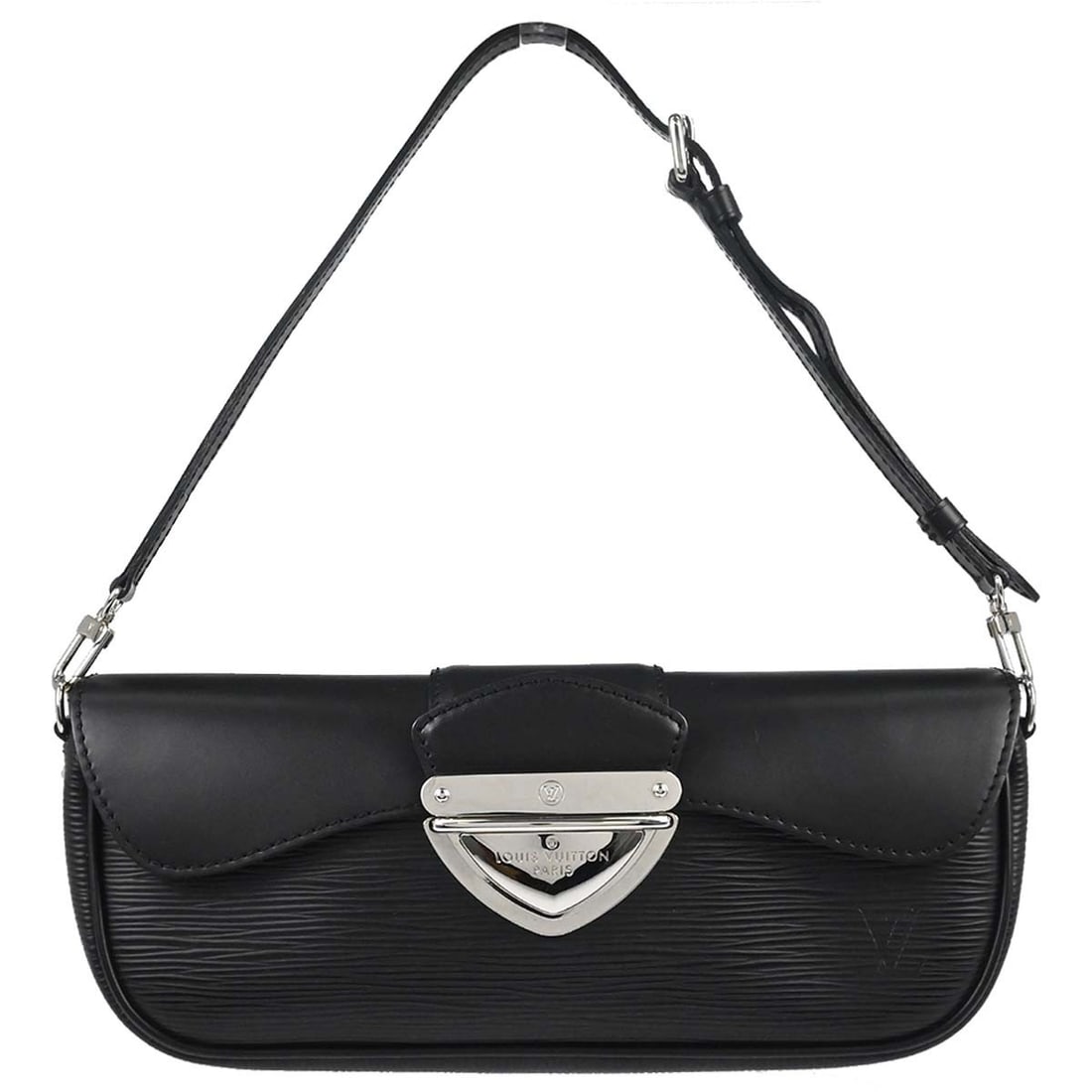 Louis Vuitton Pochette Montaigne Black Epi Leather Top Handle Bag M59292: Louis Vuitton Pochette Montaigne Black Epi Leather Top Handle Bag M59292 Vintage Louis Vuitton Pochette Montaigne handbag in black Epi leather with a top handle silhouette and microfiber lining. This 