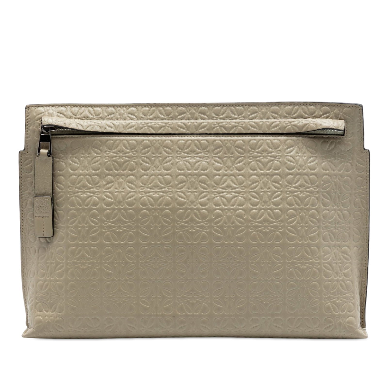 LOEWE beige leather zip clutch with slip pocket: LOEWE beige leather zip clutch with slip pocket This LOEWE Embossed Anagram Leather Repeat T Clutch features a beige embossed leather exterior, a front zip closure, and an interior slip pocket. The cl