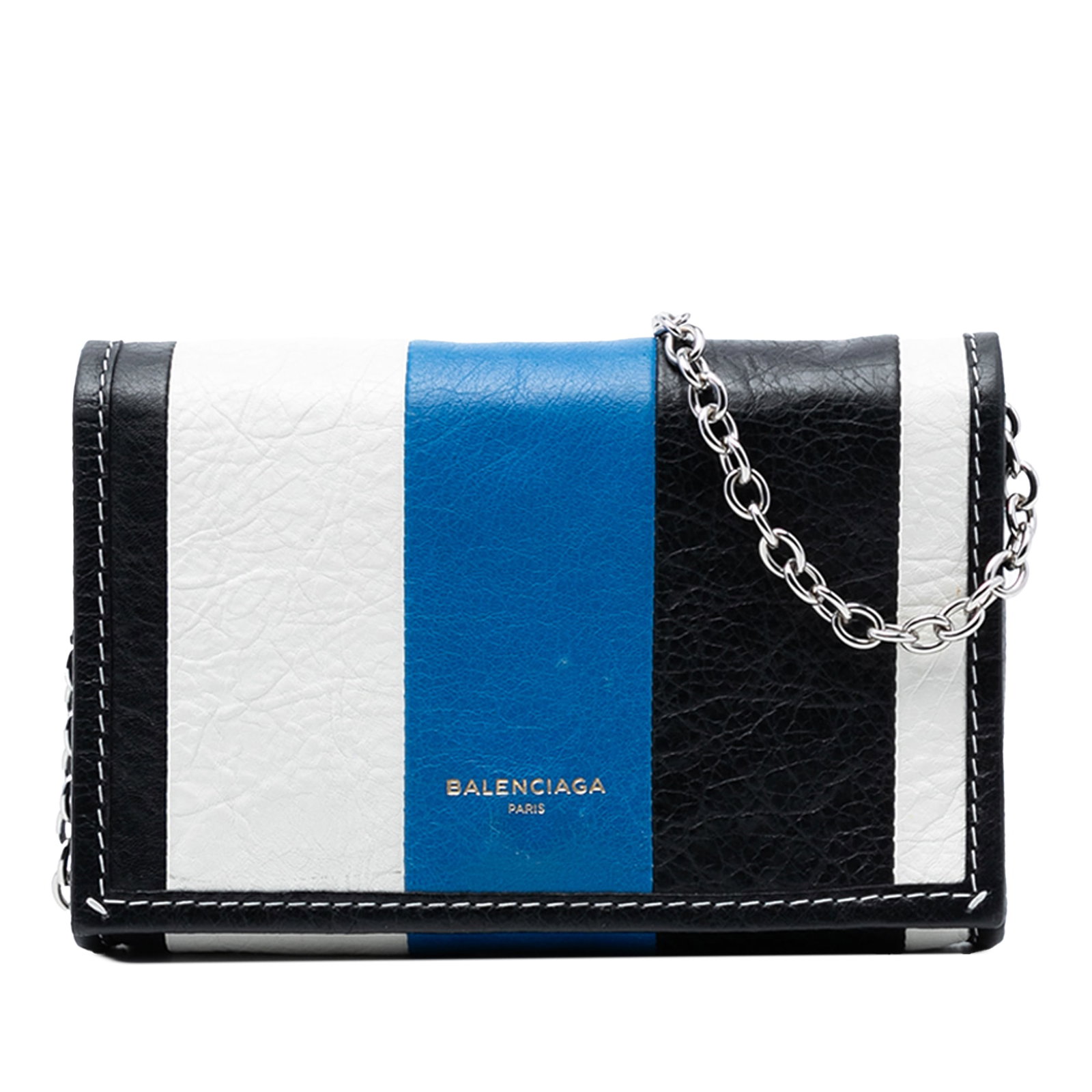 Balenciaga Bazar Blue Leather Crossbody Bag with Chain Strap: Balenciaga Bazar Blue Leather Crossbody Bag with Chain Strap This Balenciaga Lambskin Bazar Crossbody features a blue leather body with a detachable chain-link strap and a leather shoulder guard. The 