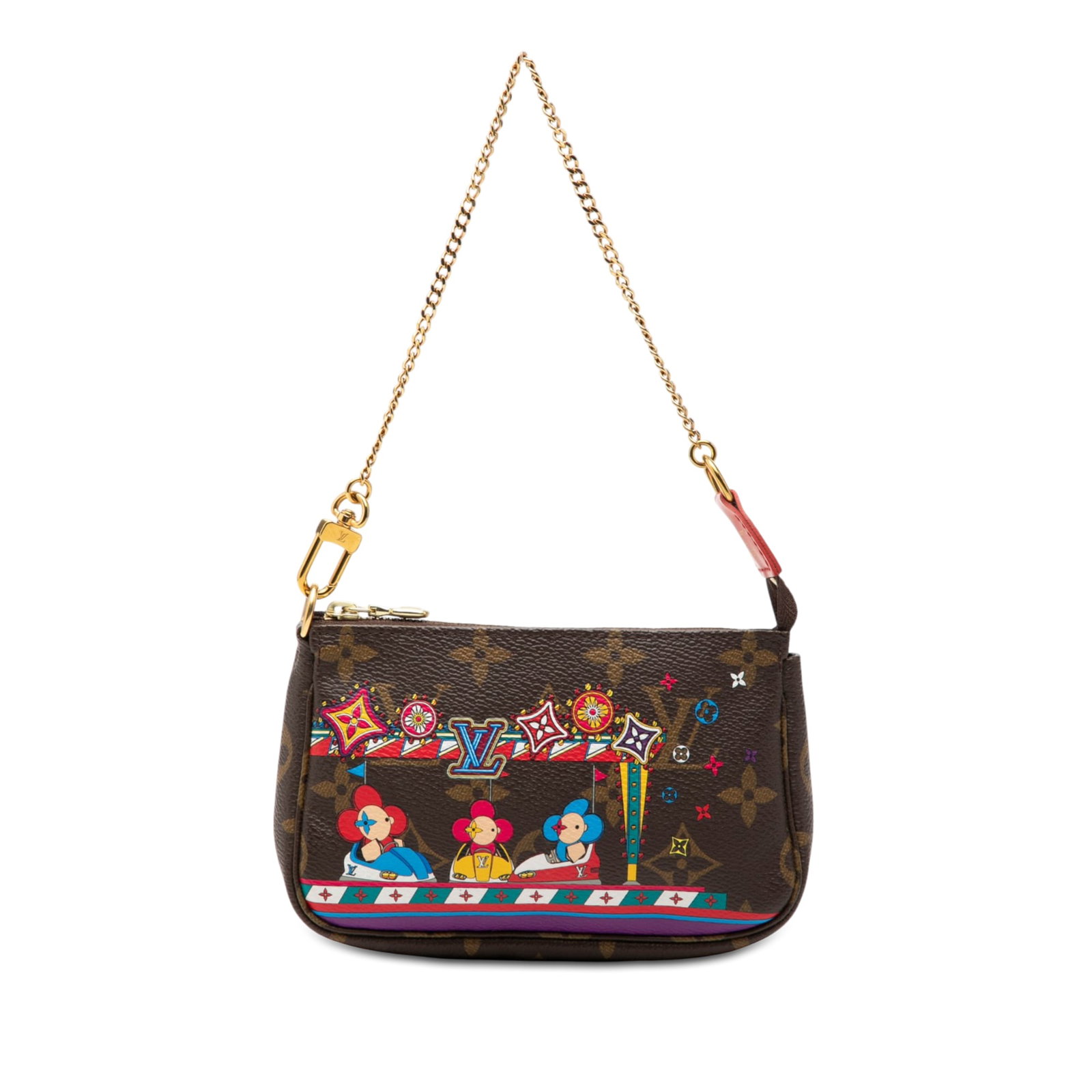 Louis Vuitton Vivienne Christmas Monogram Mini Pochette Bag: Louis Vuitton Vivienne Christmas Monogram Mini Pochette Bag Louis Vuitton Monogram Vivienne Christmas Mini Pochette Accessoires in brown monogram canvas with a gold-tone chain handle and top zip closu