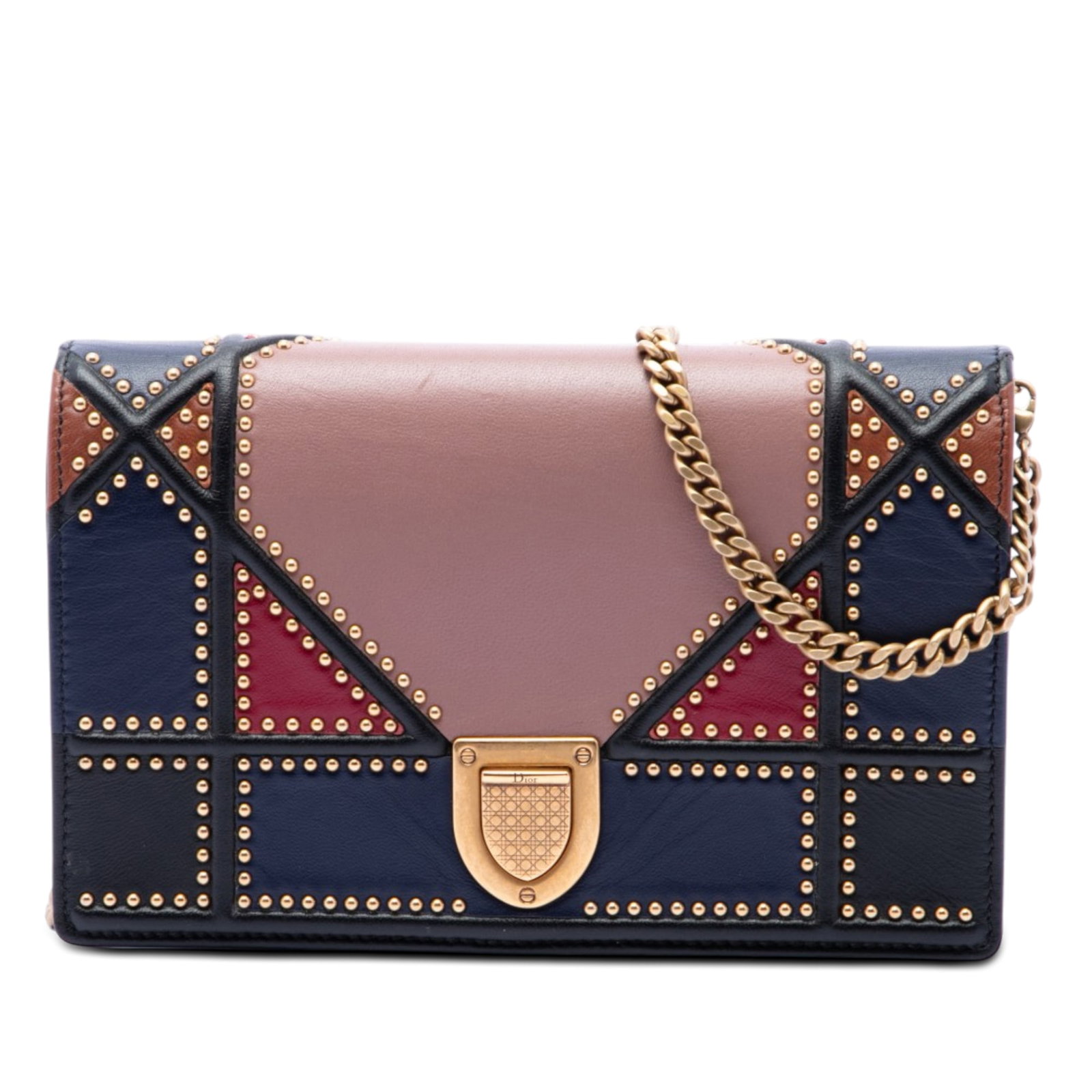Dior Diorama studded lambskin wallet on chain pink: Dior Diorama studded lambskin wallet on chain pink Small Diorama flap bag in pink multicolore studded lambskin with a chain-link shoulder strap, front flap, and push-lock closure. The interior include