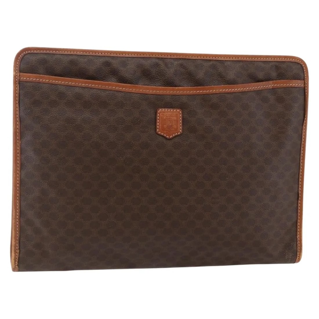 Celine Macadam Pochette Brown Canvas Bag: Celine Macadam Pochette Brown Canvas Bag This Celine Macadam Pochette is crafted from brown canvas and designed for unisex use. The bag features the iconic Macadam pattern, with leather trim and a spa