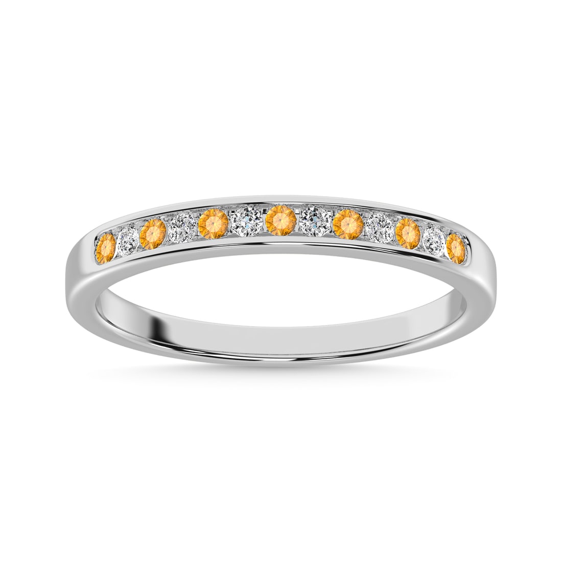 Citrine and Alternate Diamond 1/5 Ct.Tw. Ladies Machine Band in 14K White Gold: Citrine and Alternate Diamond 1/5 Ct.Tw. Ladies Machine Band in 14K White Gold 14k White Gold Stone Color: G-h Stone Clarity: Si2 Each ring is presented in standard size 6.5. Complimentary resizing is