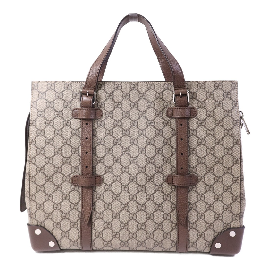 Gucci Brown GG PVC Coated Canvas Handbag with Silver Hardware: Gucci Brown GG PVC Coated Canvas Handbag with Silver Hardware This Gucci handbag is crafted from brown PVC coated canvas and features silver-tone hardware. Designed for women, it offers a regular size