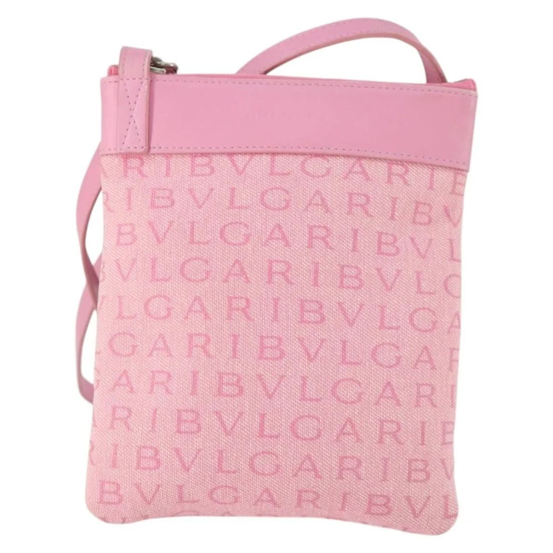 Pink Canvas Shoulder Bag Bvlgari Logomania Leather Trim: Pink Canvas Shoulder Bag Bvlgari Logomania Leather Trim This Bvlgari Logomania shoulder bag is crafted from pink canvas with leather accents. Designed for women, it features a spacious silhouette suit