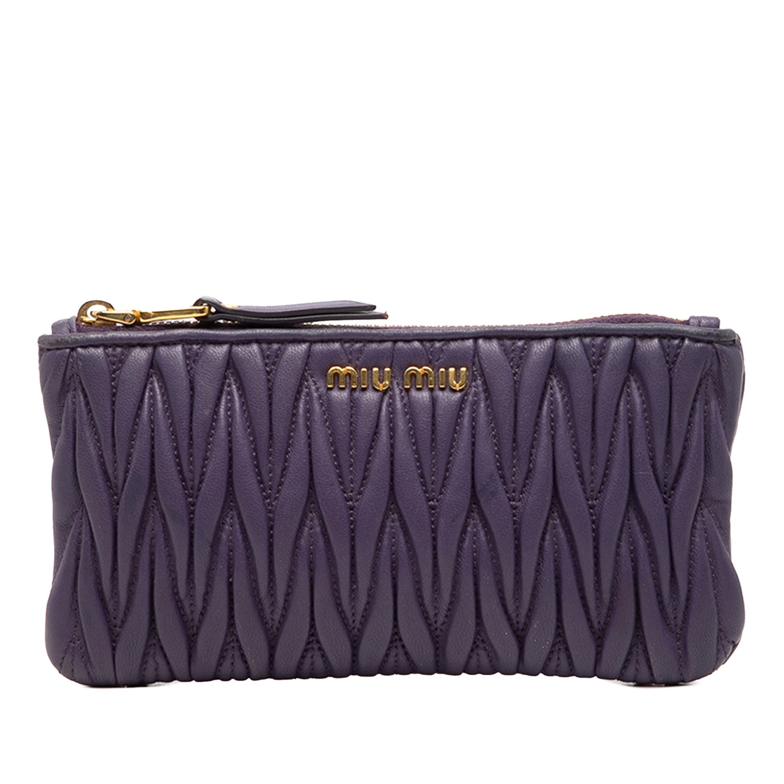 Purple Matelasse Quilted Leather Pouch by Miu Miu: Purple Matelasse Quilted Leather Pouch by Miu Miu This Miu Miu Matelasse Leather Pouch features a quilted leather exterior in purple, a top zip closure, and interior slip pockets. The item shows signs
