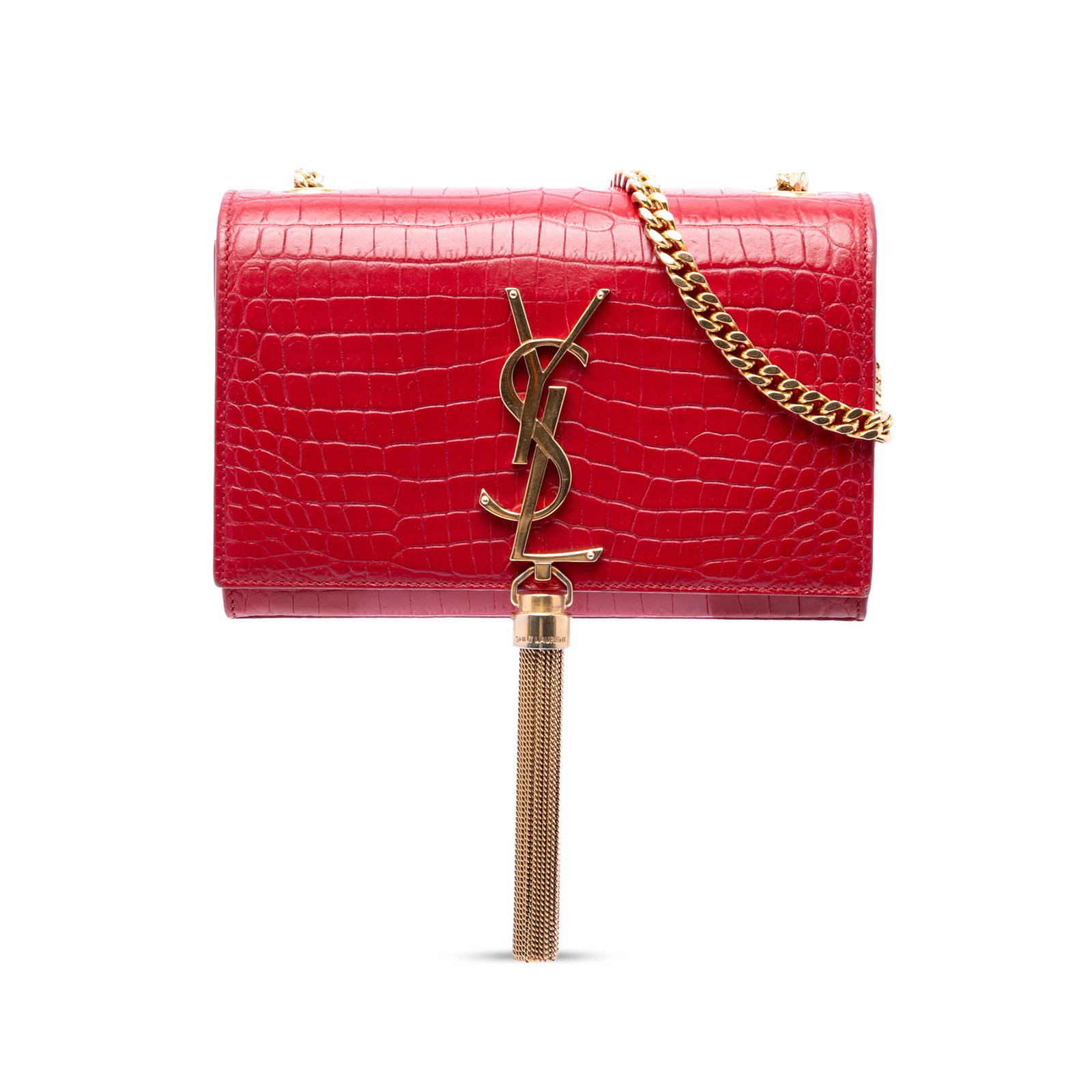 Saint Laurent Kate red embossed leather crossbody bag: Saint Laurent Kate red embossed leather crossbody bag This Saint Laurent Small Croc Embossed Leather Kate Tassel Crossbody features a red embossed leather body with a distinctive crocodile pattern, co