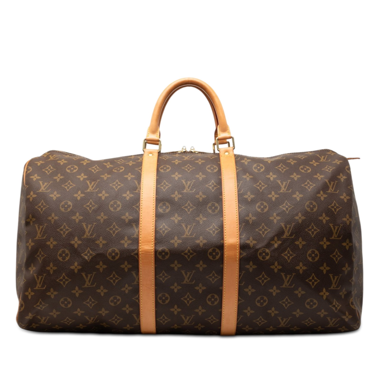 Louis Vuitton Keepall 55 Travel Bag Monogram Canvas with Leather Handles: Louis Vuitton Keepall 55 Travel Bag Monogram Canvas with Leather Handles This Louis Vuitton Monogram Keepall 55 features the iconic monogram canvas body, complemented by rolled vachetta leather handle