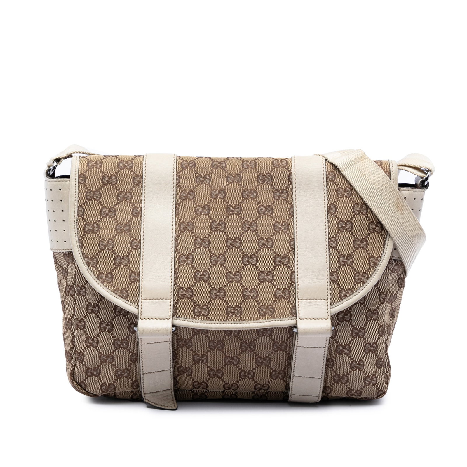 Gucci Beige GG Canvas Crossbody Bag with Leather Trim: Gucci Beige GG Canvas Crossbody Bag with Leather Trim This Gucci GG Canvas Messenger Bag features a beige canvas body with leather trim, a flat adjustable strap, and a front flap secured by velcro clo