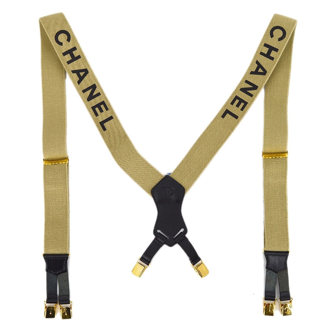 CHANEL Leather Suspenders Beige Gold Tone France: CHANEL Leather Suspenders Beige Gold Tone France Chanel women's suspenders in beige with leather and canvas construction. This one-size accessory is made in France and features beige and black colorin