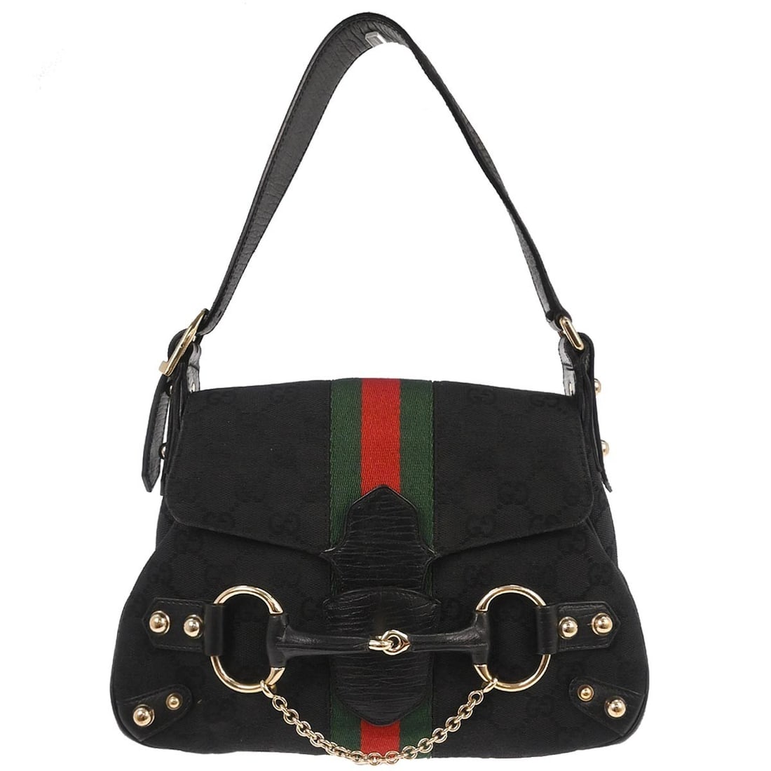 Gucci GG Horsebit Small Black Canvas Leather Handbag: Gucci GG Horsebit Small Black Canvas Leather Handbag Vintage Gucci GG handbag in black canvas and leather with Horsebit styling. This small women's handbag is made in Italy and features a black lining