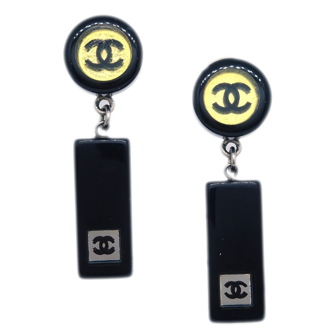 Chanel 01P silver plated black acrylic pierced dangle earrings: Chanel 01P silver plated black acrylic pierced dangle earrings Pair of Chanel pierced earrings in silver and black with a silver-plated and acrylic construction. The design is marked 01P and features 