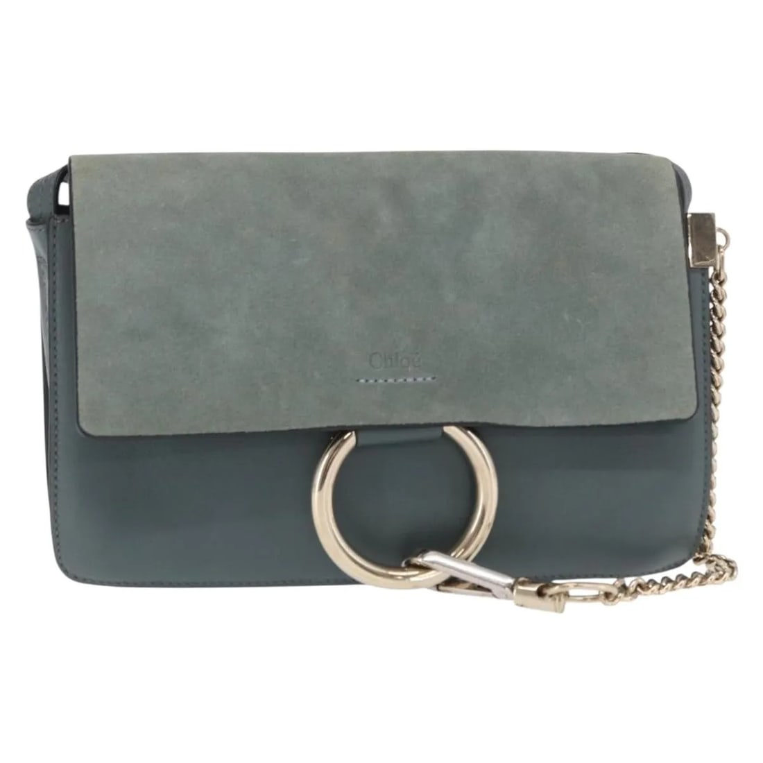 Chloe Faye Shoulder Bag Green Leather and Suede: Chloe Faye Shoulder Bag Green Leather and Suede This Chloe Faye Shoulder Bag for women features a green leather and suede exterior with metal fittings. The bag shows signs of wear, including loss of s