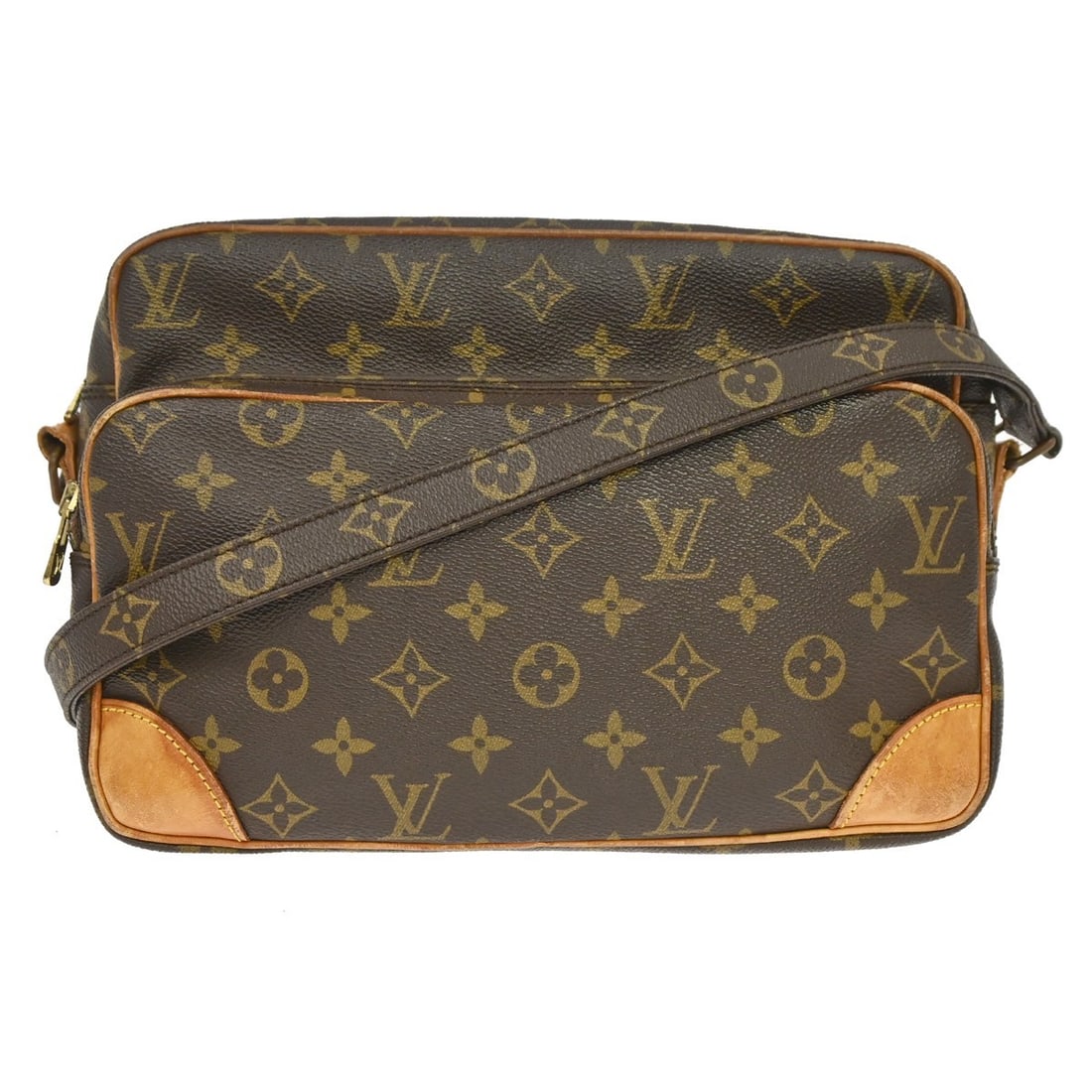 Louis Vuitton Nile Monogram Canvas Crossbody Shoulder Bag M45244: Louis Vuitton Nile Monogram Canvas Crossbody Shoulder Bag M45244 Vintage Louis Vuitton Nile shoulder bag in brown Monogram canvas with leather trim and an adjustable crossbody strap. This medium bag f