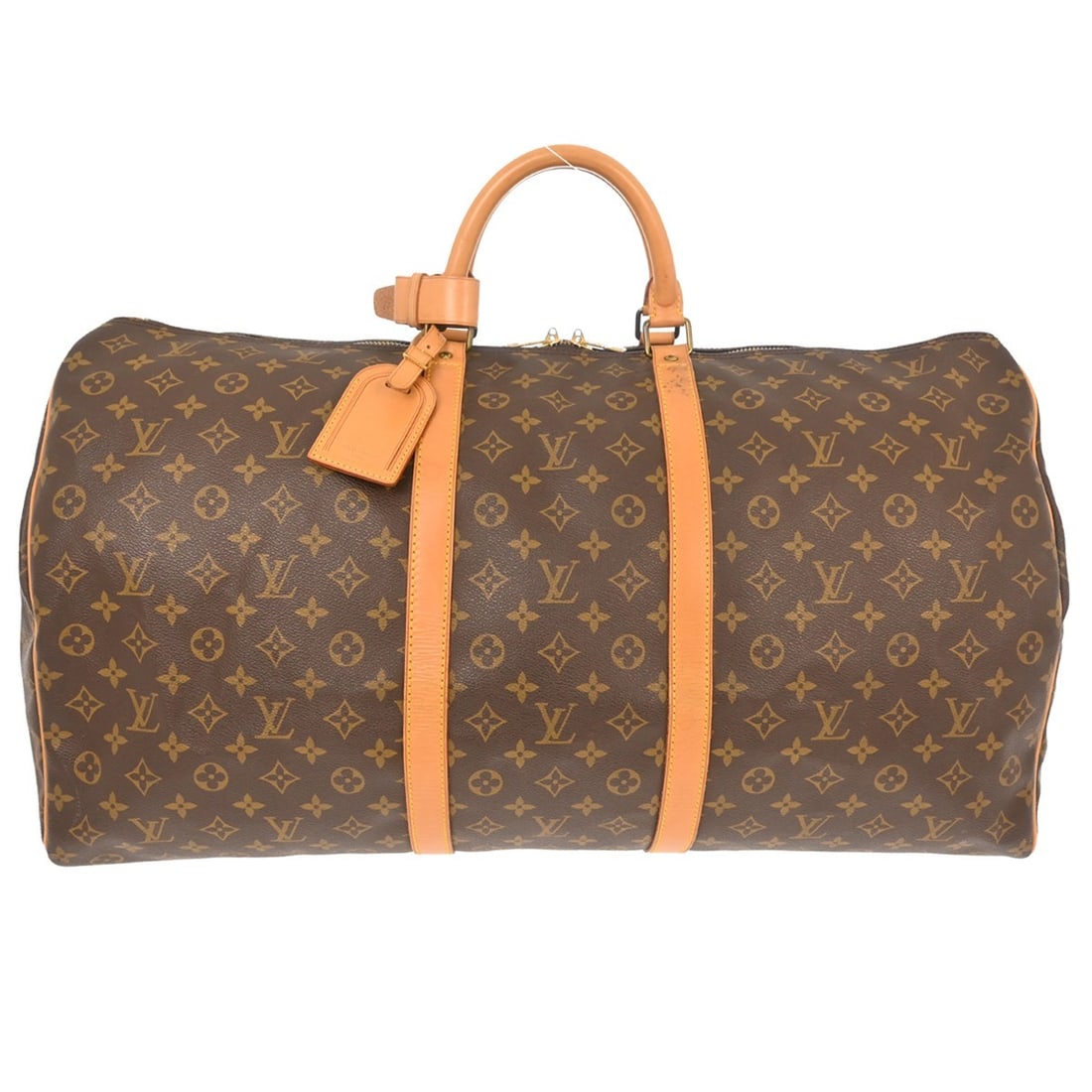 Louis Vuitton Keepall 60 Monogram Duffle Bag M41422 France: Louis Vuitton Keepall 60 Monogram Duffle Bag M41422 France Vintage Louis Vuitton Keepall 60 travel handbag in brown Monogram canvas with leather trim and double handles. This extra large duffle-style 