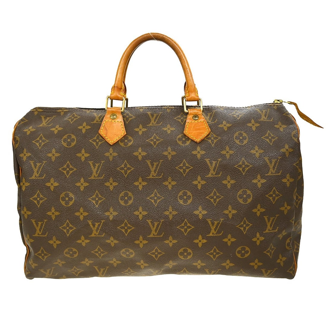Louis Vuitton Speedy 40 Monogram Canvas Large Duffle Handbag M41522: Louis Vuitton Speedy 40 Monogram Canvas Large Duffle Handbag M41522 Vintage Louis Vuitton Speedy 40 handbag in brown Monogram canvas with leather trim and double handles. This large duffle-style bag f