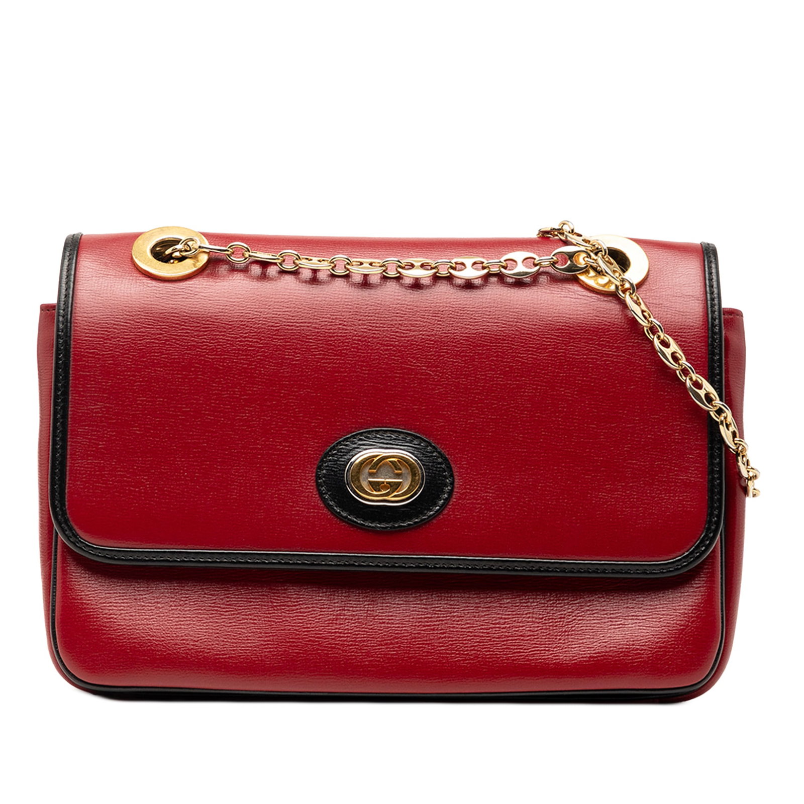 Gucci Marina red leather chain shoulder bag: Gucci Marina red leather chain shoulder bag This Gucci Small Leather Marina Chain Shoulder Bag features a red leather body with a chain-link strap and a top flap secured by a push-lock closure. It inc
