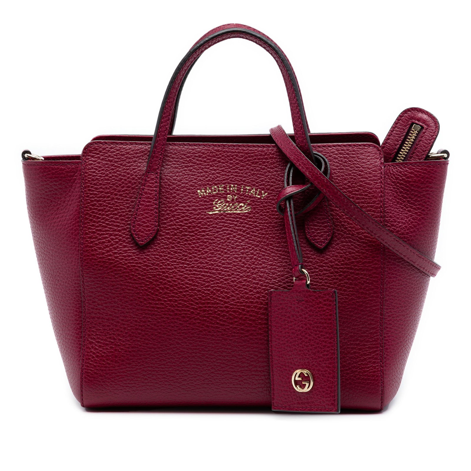 Gucci Swing Mini Leather Satchel Bag Red: Gucci Swing Mini Leather Satchel Bag Red Gucci Mini Leather Swing Satchel in red leather with flat leather handles, a detachable flat leather strap, and a top zip closure. The interior includes zip an