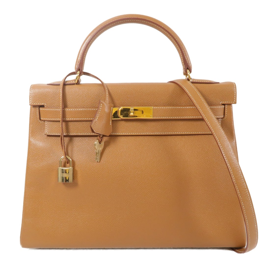 Hermes Kelly 32 Epsom Leather Gold Hardware Shoulder Bag: Hermes Kelly 32 Epsom Leather Gold Hardware Shoulder Bag This Hermes Kelly 32 2-way shoulder bag is crafted from Veau Epsom calfskin leather in a brown color, featuring gold-tone hardware. Designed fo