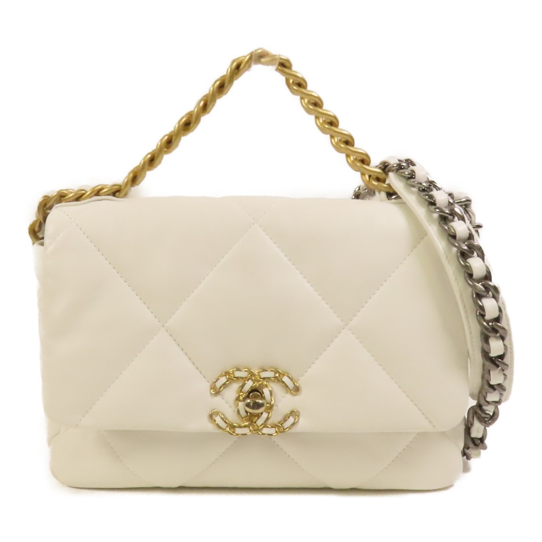 CHANEL 19 Small White Calfskin 2Way Shoulder Bag with Gold Hardware: CHANEL 19 Small White Calfskin 2Way Shoulder Bag with Gold Hardware This CHANEL 19 Small 2Way Shoulder Bag features a classic white calfskin leather exterior and a versatile design that allows it to b