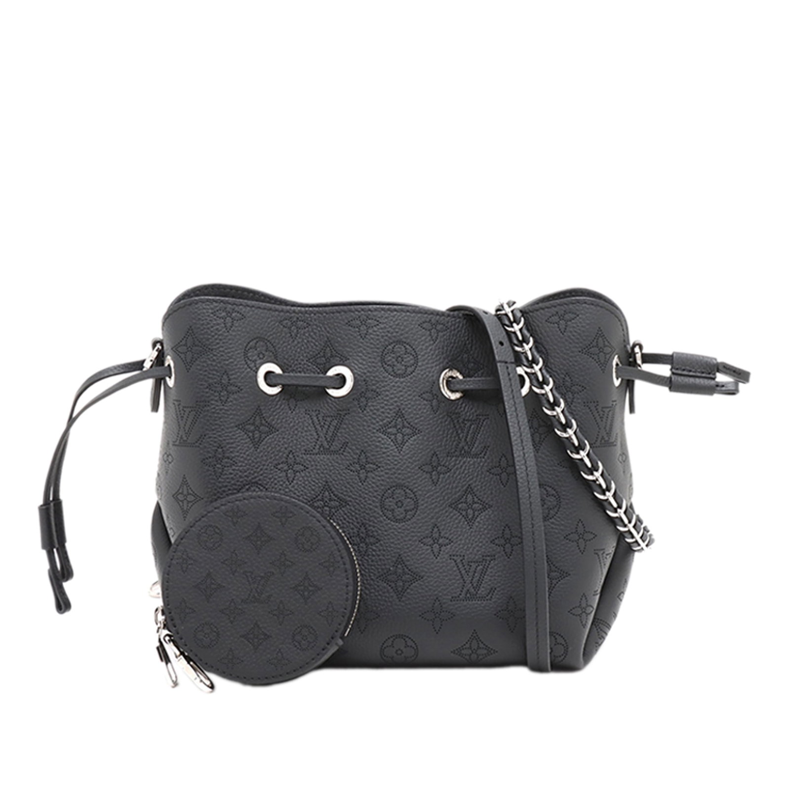 Louis Vuitton Monogram Mahina Bella leather bucket bag black: Louis Vuitton Monogram Mahina Bella leather bucket bag black Louis Vuitton Monogram Mahina Bella bag in black leather with a woven leather chain strap, a detachable flat strap, an open top with drawst