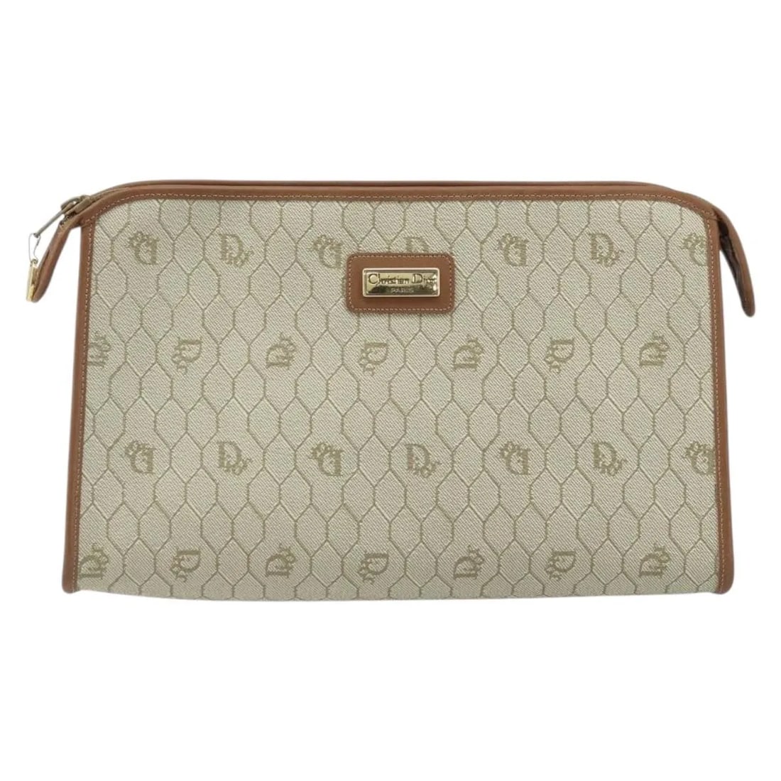 Christian Dior Honeycomb Canvas Beige Vintage Zip Pouch with Leather Trim: Christian Dior Honeycomb Canvas Beige Vintage Zip Pouch with Leather Trim This Christian Dior vintage Honeycomb Zip Pouch is crafted from beige canvas with leather accents. Designed for women, the pou