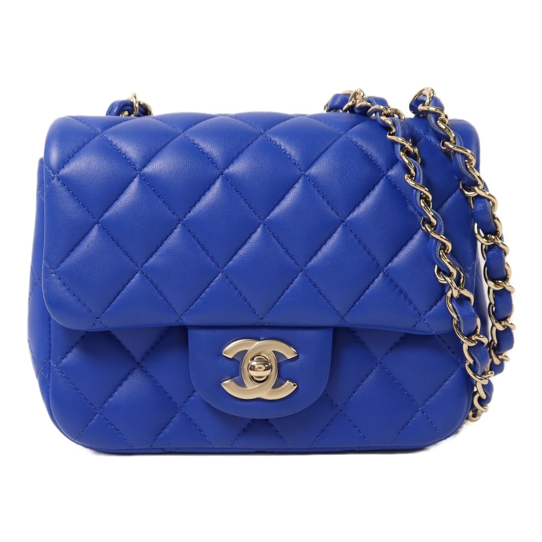 Chanel Mini Classic 17 Blue Lambskin Shoulder Bag with Gold Hardware: Chanel Mini Classic 17 Blue Lambskin Shoulder Bag with Gold Hardware This CHANEL Mini Classic 17 chain shoulder bag features a blue lambskin leather exterior and gold tone hardware. Designed for women