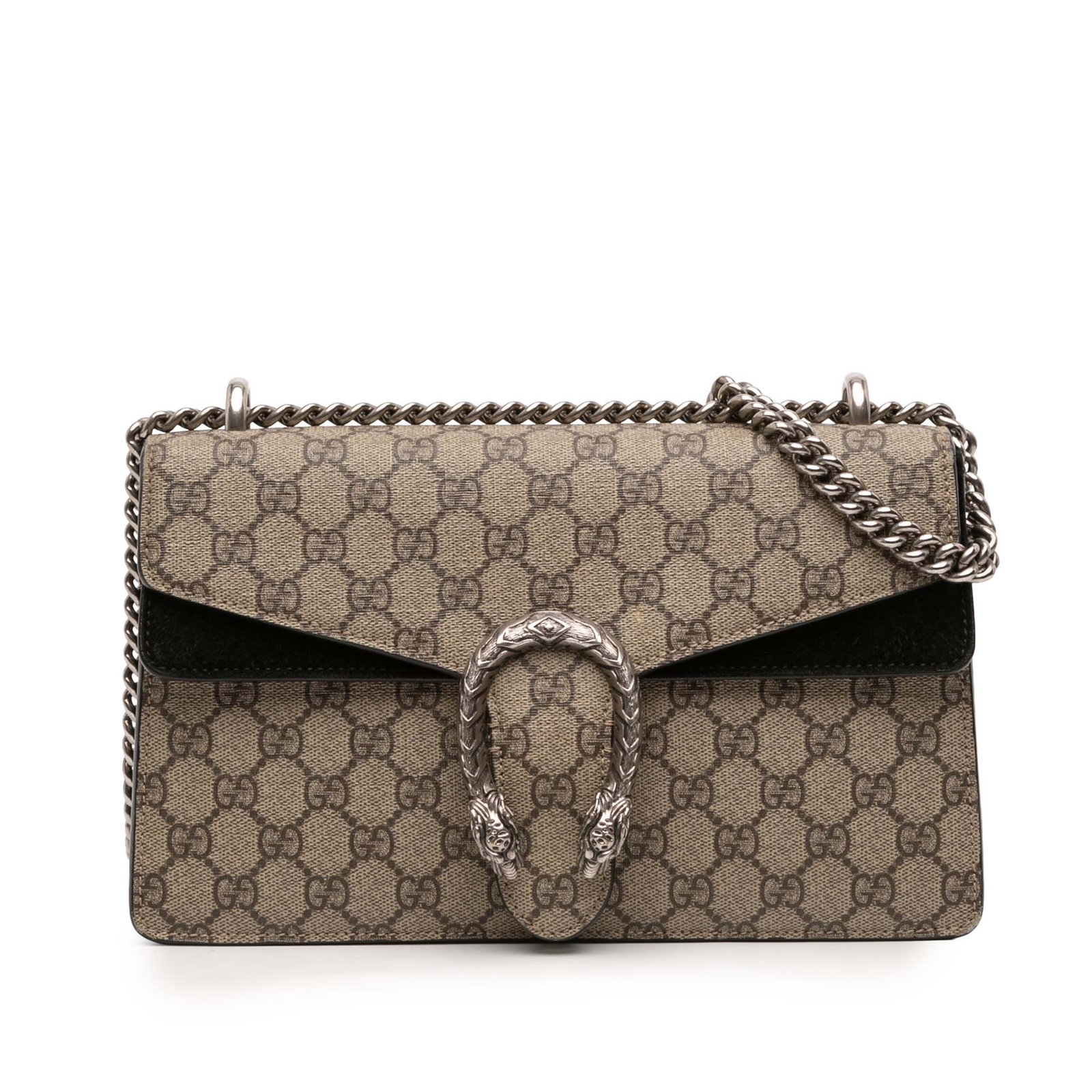 Beige GG Supreme Dionysus Medium Shoulder Bag with Suede Trim by Gucci: Beige GG Supreme Dionysus Medium Shoulder Bag with Suede Trim by Gucci This Gucci Medium GG Supreme Dionysus Shoulder Bag features a coated canvas body complemented by suede leather trim and a silver-