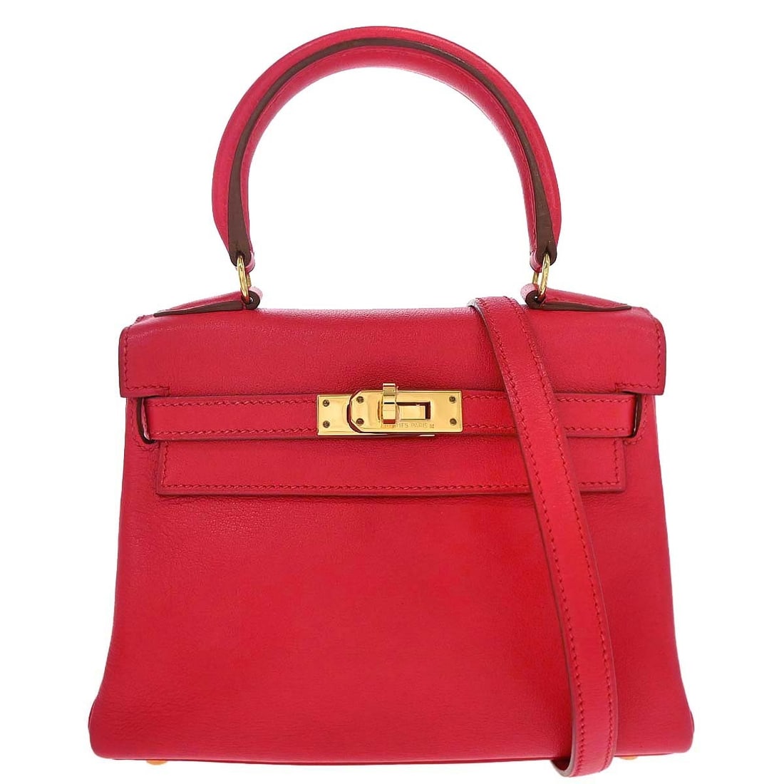 HERMES Mini Kelly 20 Rouge Vif Top Handle Bag France: HERMES Mini Kelly 20 Rouge Vif Top Handle Bag France Hermes Mini Kelly 20 handbag in Rouge Vif with Gulliver leather and a coated finish. This small top-handle bag features a turn lock flap closure, l
