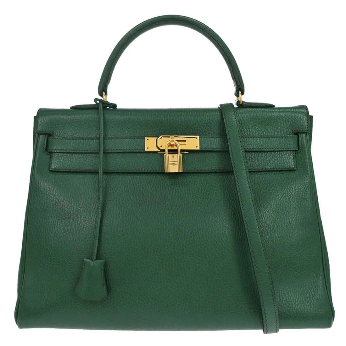 Hermes Kelly 2 Way Green Leather Handbag: Hermes Kelly 2 Way Green Leather Handbag This Hermes Kelly 2 Way bag is crafted from green leather and features a versatile design suitable for multiple carrying styles. Made in France, it is designed