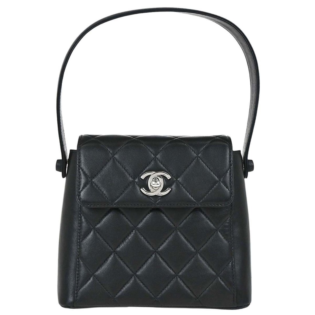 CHANEL Quilted Flap Handbag Black Lambskin Turn Lock: CHANEL Quilted Flap Handbag Black Lambskin Turn Lock Chanel straight flap handbag in black lambskin with a matelasse pattern and turn-lock closure. This medium women's handbag features a black leather