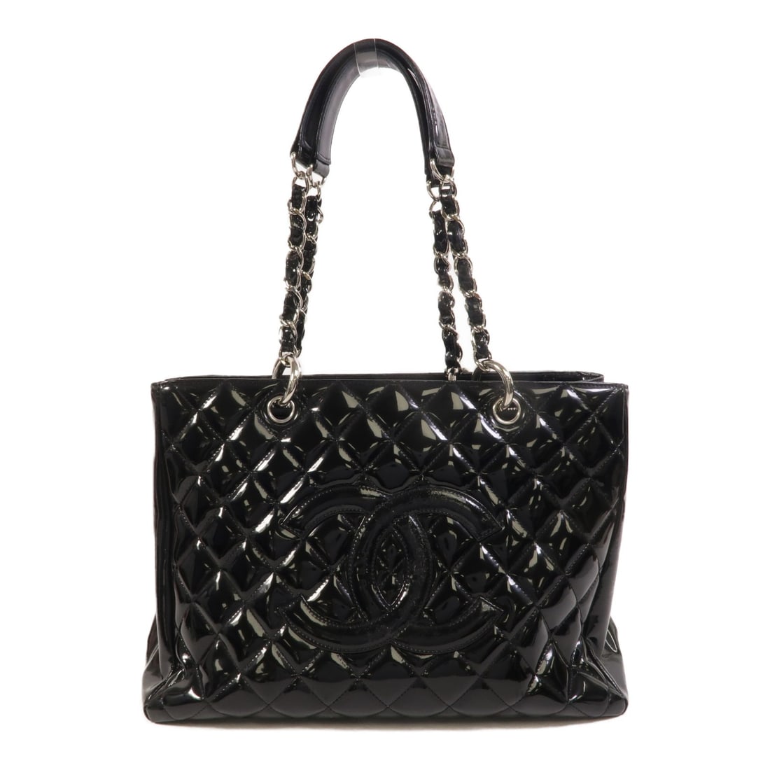 CHANEL GST Black Calfskin Shoulder Tote Bag: CHANEL GST Black Calfskin Shoulder Tote Bag This CHANEL Grand Shopping Tote (GST) is crafted from black patent calfskin leather and features silver-tone hardware. Designed as a shoulder bag, it offers