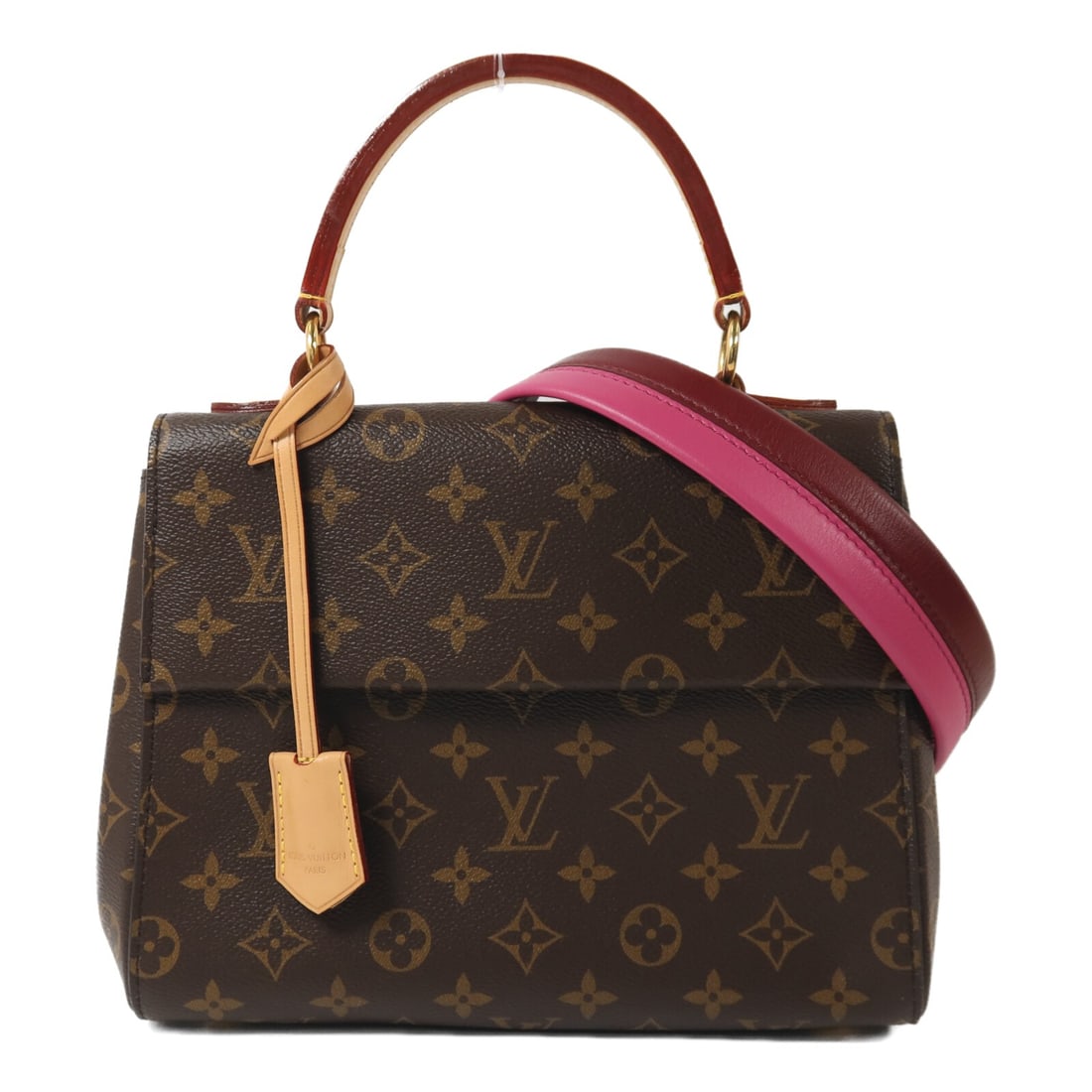 Louis Vuitton Cluny BB Monogram Brown Purple Shoulder Bag GHW: Louis Vuitton Cluny BB Monogram Brown Purple Shoulder Bag GHW This Louis Vuitton Cluny BB 2-way shoulder bag features the iconic Monogram pattern in brown with purple accents. Crafted from durable PVC
