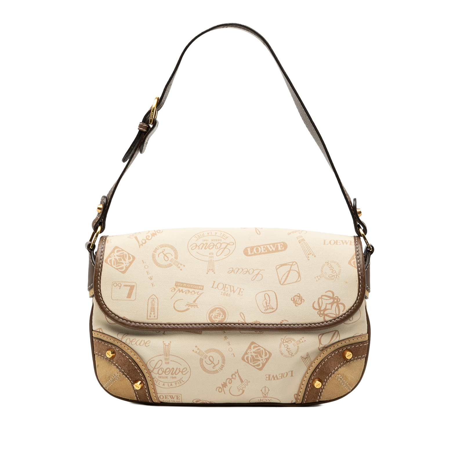 Loewe Canvas Shoulder Bag with Suede and Calf Leather Trim Anniversary Edition: Loewe Canvas Shoulder Bag with Suede and Calf Leather Trim Anniversary Edition This LOEWE 160th Anniversary shoulder bag showcases a beige canvas body accented with suede and calf leather trim. It fea