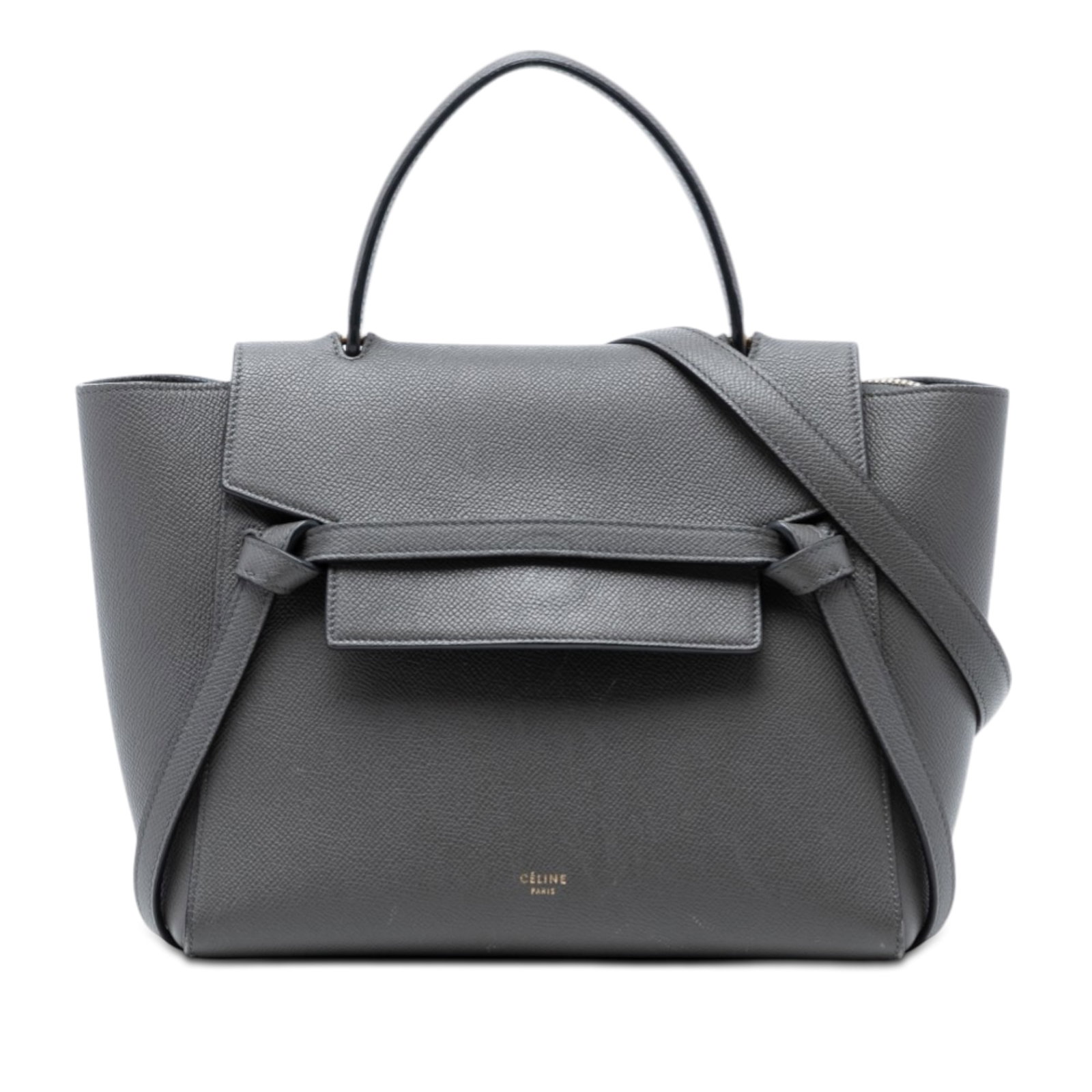 Celine Micro Belt Bag in Grained Calfskin Leather Gray: Celine Micro Belt Bag in Grained Calfskin Leather Gray This Celine Micro Grained Calfskin Belt Bag is crafted from leather and features a flat leather top handle, a detachable flat leather strap, a fr