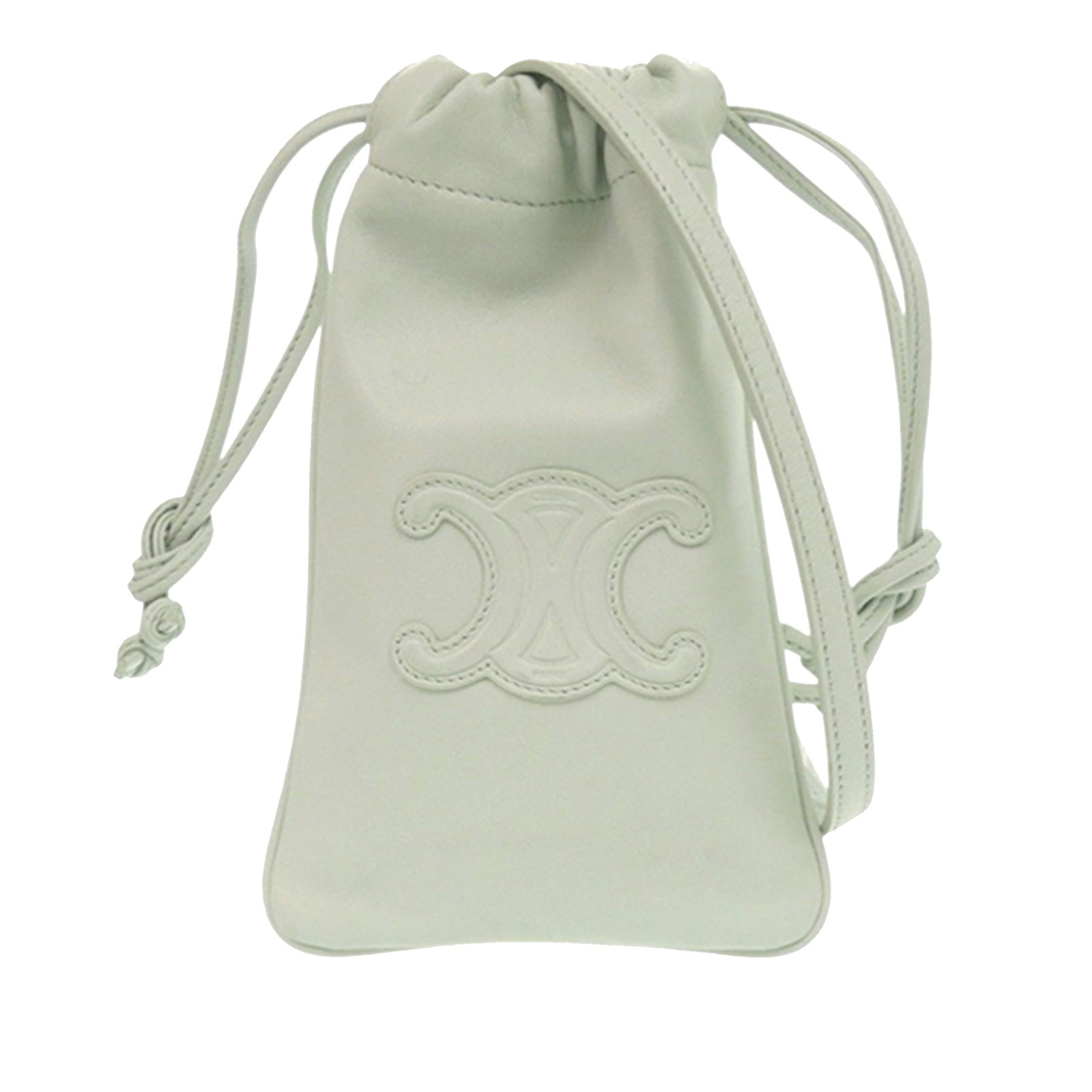 Celine green leather Triomphe phone pouch crossbody: Celine green leather Triomphe phone pouch crossbody This Celine Calfskin Cuir Triomphe Phone Pouch is a stylish crossbody bag crafted from green leather. It features a flat leather strap and an open t