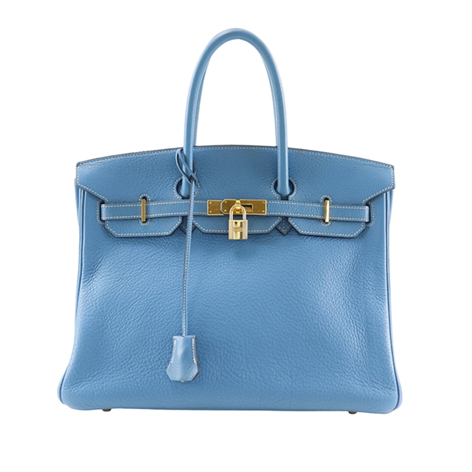 Blue Jean Clemence Leather Birkin 35 Handbag by Hermes France: Blue Jean Clemence Leather Birkin 35 Handbag by Hermes France This Hermes Birkin 35 features a Blue Jean Clemence leather body with rolled leather handles and a front flap secured by a strap and turn 