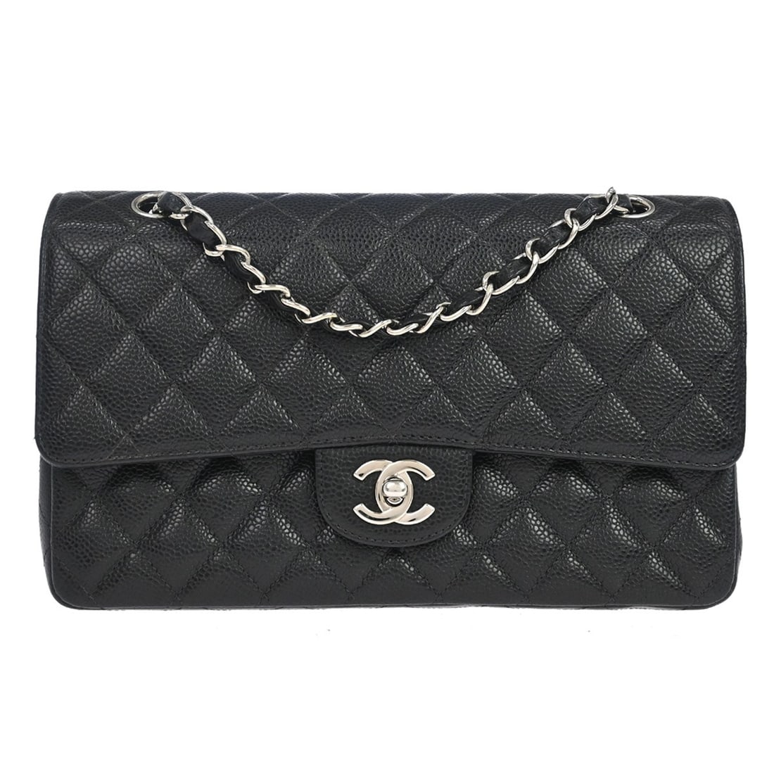 CHANEL Classic Double Flap Medium Shoulder Bag Black Caviar Leather: CHANEL Classic Double Flap Medium Shoulder Bag Black Caviar Leather Chanel Medium Classic Double Flap shoulder bag in black caviar skin leather with a turn-lock closure and shoulder strap. This women'