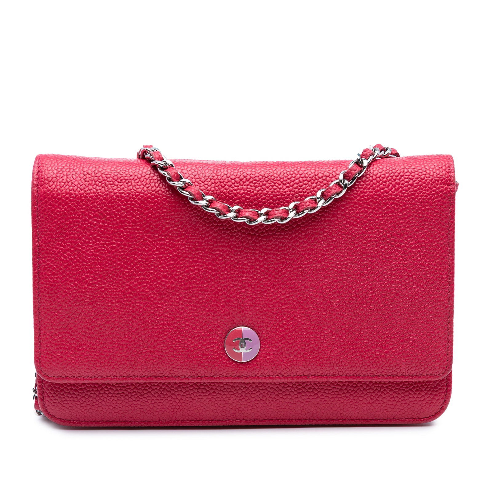 Chanel Caviar Bicolor CC Wallet On Chain Pink Leather Crossbody: Chanel Caviar Bicolor CC Wallet On Chain Pink Leather Crossbody The Chanel Caviar Bicolor CC Wallet On Chain is a stylish crossbody bag crafted from luxurious caviar leather. It features a leather-wov