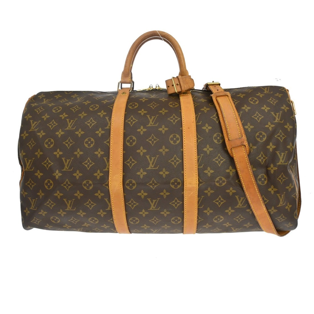 Vintage Louis Vuitton Keepall Bandouliere 55 Monogram Duffle Bag M41414: Vintage Louis Vuitton Keepall Bandouliere 55 Monogram Duffle Bag M41414 Vintage Louis Vuitton Keepall Bandouliere 55 travel bag in brown Monogram canvas with leather trim and double handles. This extr