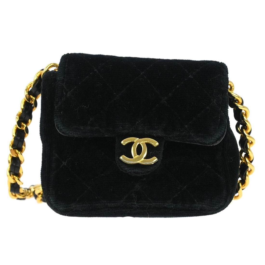 CHANEL Classic Flap Micro black velvet shoulder bag pochette: CHANEL Classic Flap Micro black velvet shoulder bag pochette Chanel Micro Classic Flap shoulder bag pochette in black velvet with a pushlock flap closure and quilted logo accents. This mini shoulder s