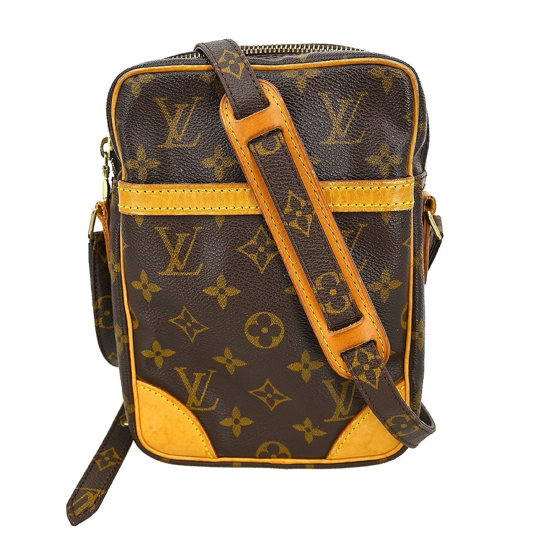 Louis Vuitton Danube Monogram Crossbody Bag M45266 France: Louis Vuitton Danube Monogram Crossbody Bag M45266 France Vintage Louis Vuitton Danube crossbody shoulder bag in brown Monogram canvas and leather. This women's bag features a zip closure, adjustable 