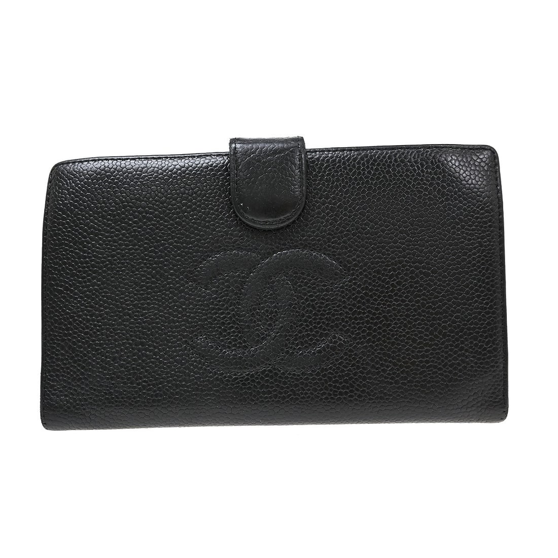 CHANEL CC bifold wallet in black caviar leather: CHANEL CC bifold wallet in black caviar leather Black Chanel long bifold wallet purse in caviar skin leather with a CC pattern. This women's wallet includes a coin purse, card slots, and additional in
