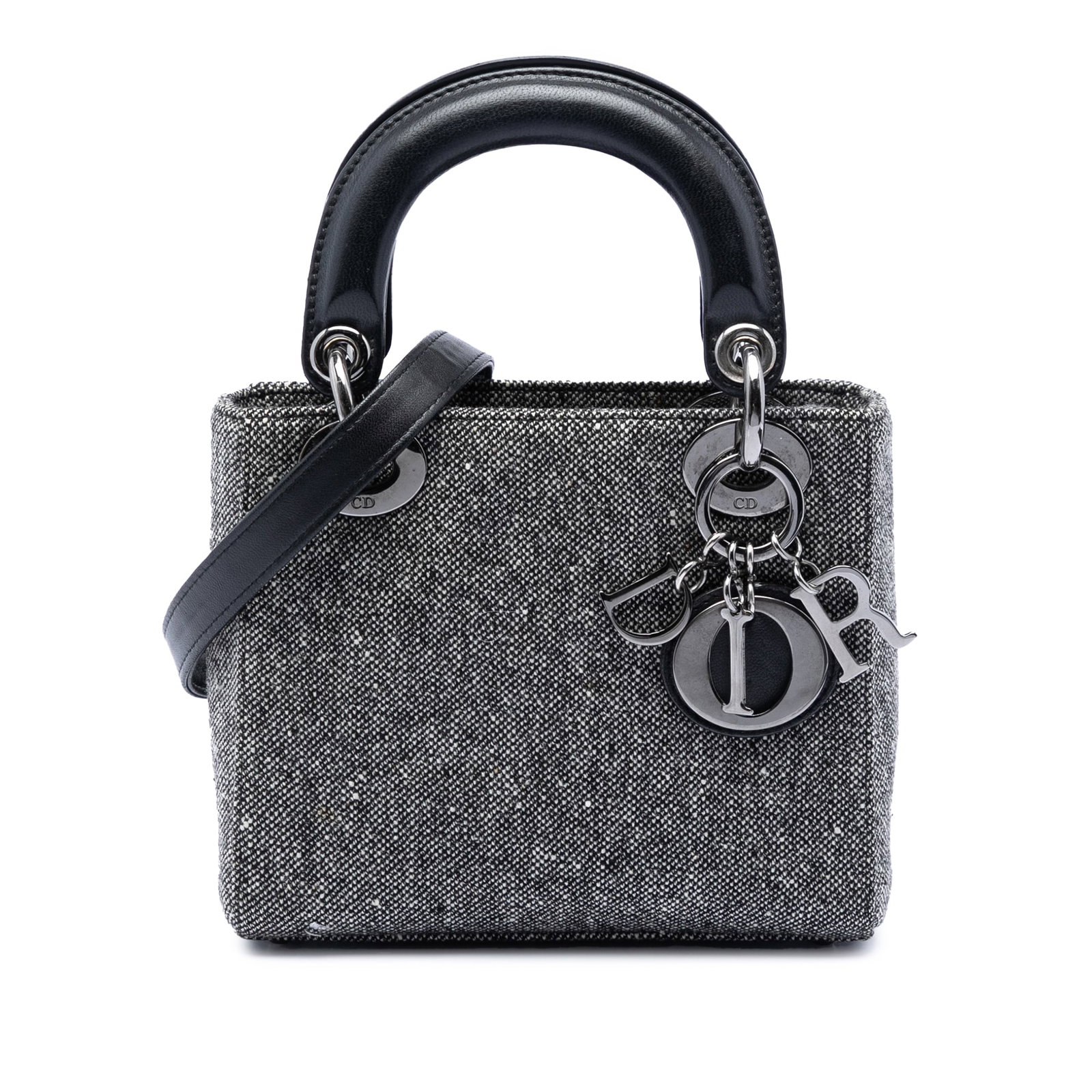 Dior Mini Tweed Lady Dior Gray Fabric Bag: Dior Mini Tweed Lady Dior Gray Fabric Bag This Mini Tweed Lady Dior bag features a stylish tweed fabric body complemented by flat leather handles and a detachable flat leather strap. It is designed wi