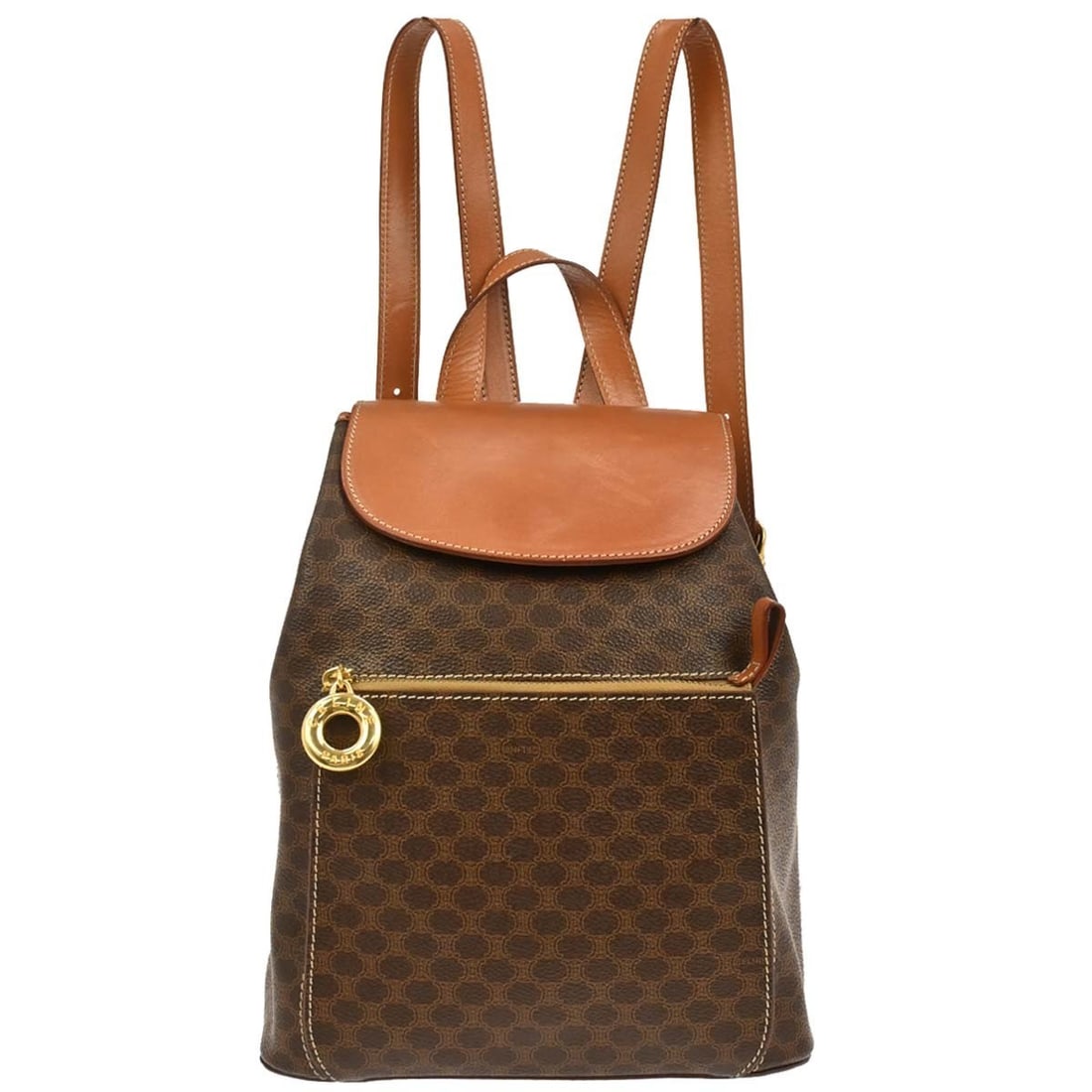 CELINE Macadam Backpack Brown Leather PVC Italy M95*: CELINE Macadam Backpack Brown Leather PVC Italy M95* Celine Macadam backpack in brown PVC and leather with logo accents. Made in Italy, this medium backpack features two exterior zipper pockets and on